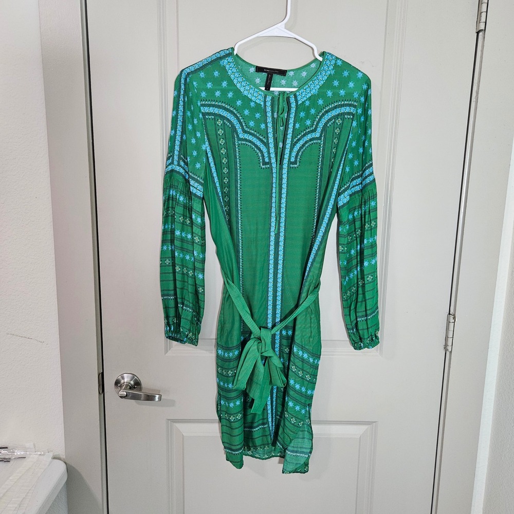 BCBGMAXAZRIA Green Boho Floral Print Long Sleeve Mini Dress Belted Womens Size S